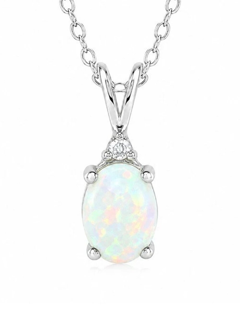 Genuine 0.98 Cts Australian Opal & Diamond Pendant 14k White Gold